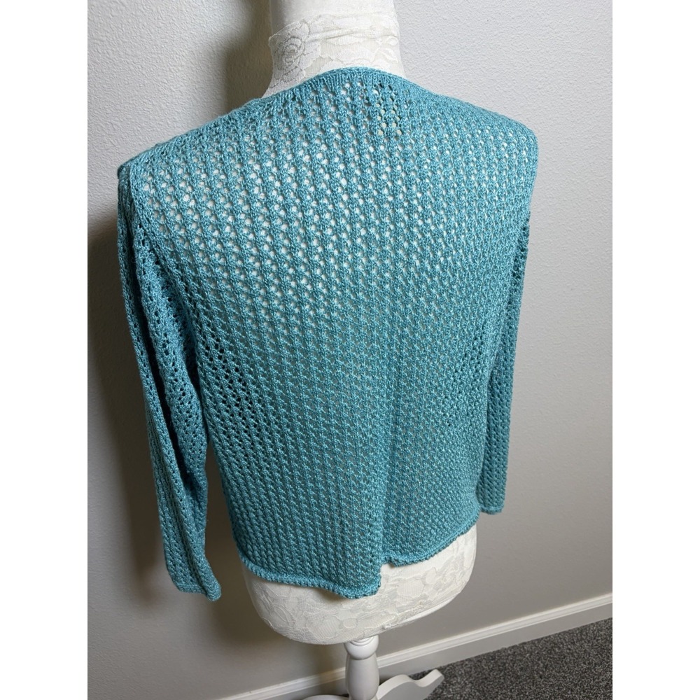 Sigrid Olsen Cardigan Sweater~L~Turquoise Crochet Knit Linen Bld 2 Button Resort - Picture 6 of 15